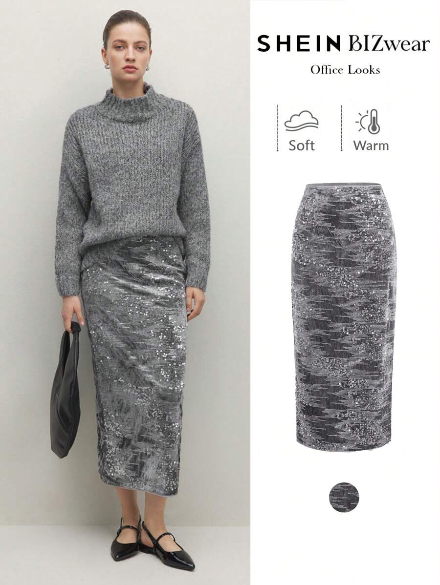 BizChic Sequin Fashionable Skirt, Grey Color Backsllit Hem Party Skirt, Office Wear For Women, Spring/Summer, Suitable For Christmas Party, Holiday, Thanksgiving