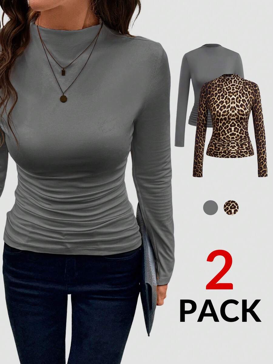 SHEIN Clasi 2pcs Women Leopard Print Mock Neck Versatile T-Shirts