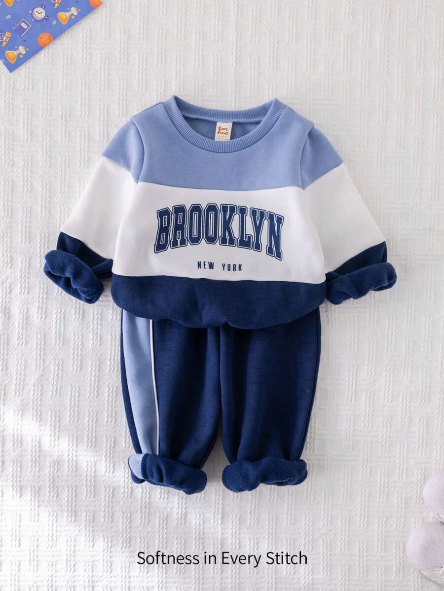 Cozy Pixies 2 pièces Ensemble de sweat-shirt col rond en tricot doux avec imprimé lettre bicolore et pantalon de jogging pour bébé garçon