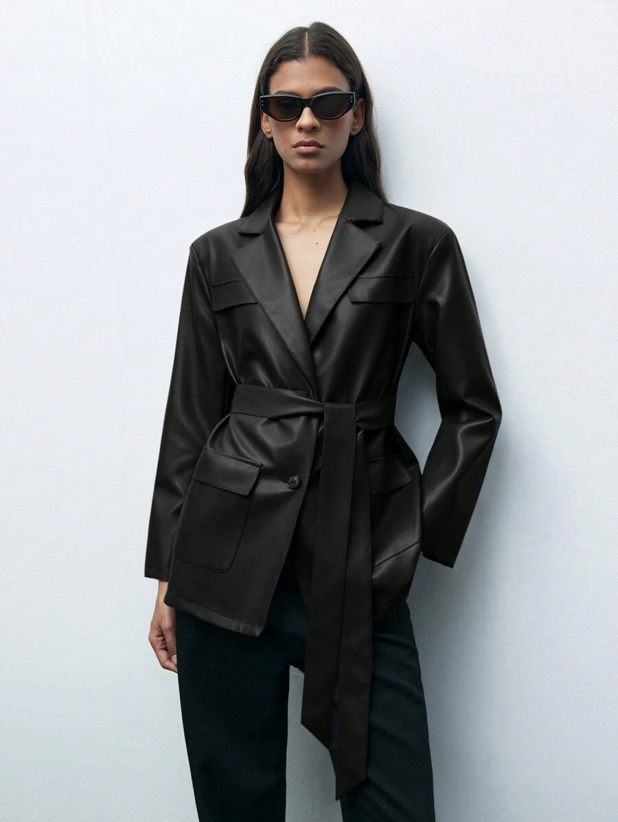 Maija Women's Early Spring Solid Color Lapel Collar Long Sleeve PU Leather Fashion Blazer