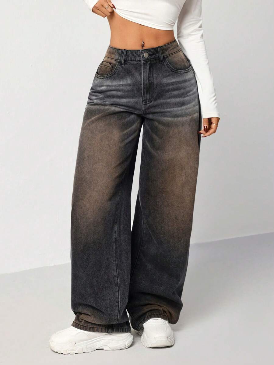 SHEIN EZwear Women's Black Loose Fit Low Waist Wide Leg Jeans