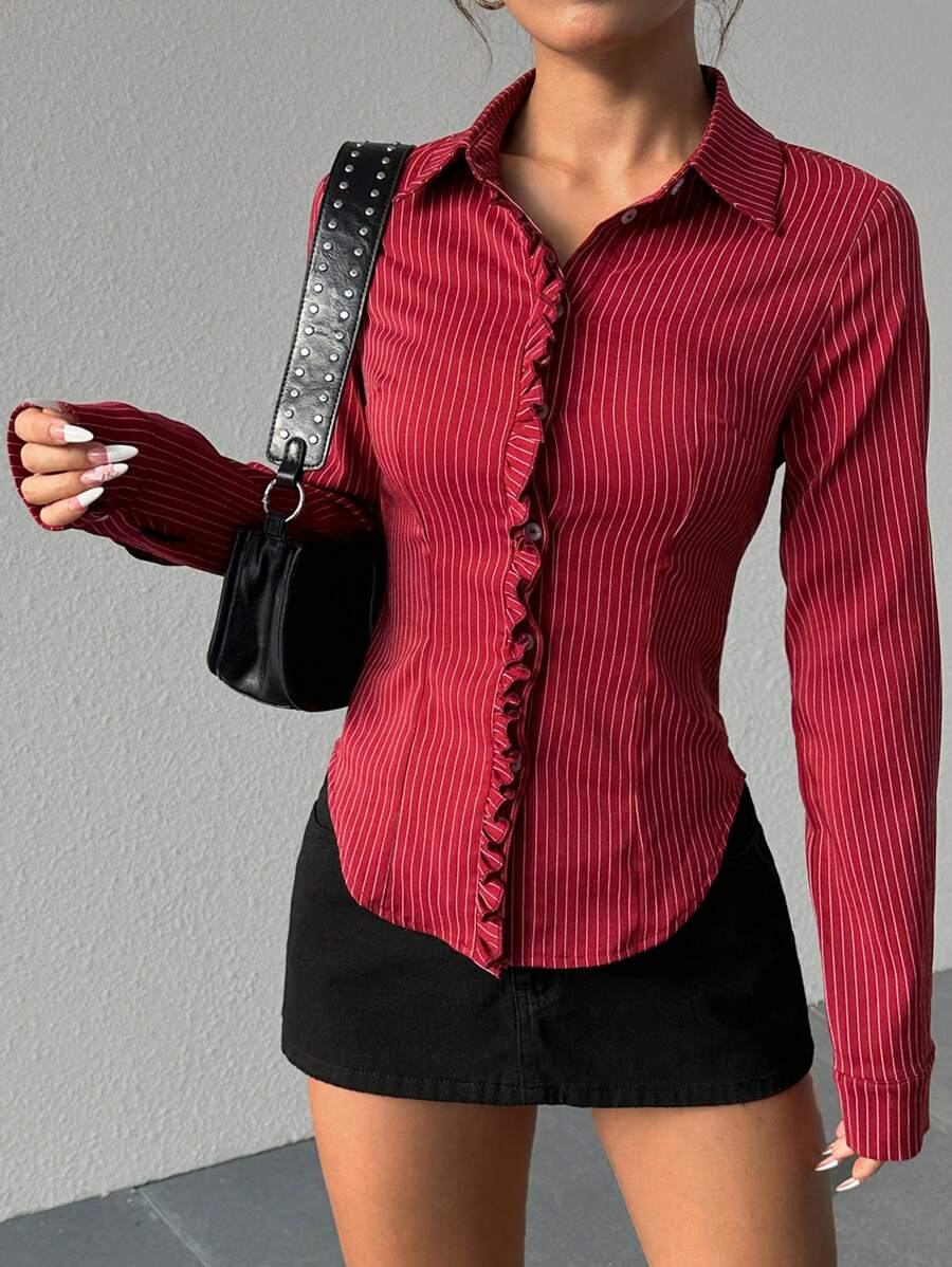 Flirla Casual Minimalist Ruched Striped Women Shirt