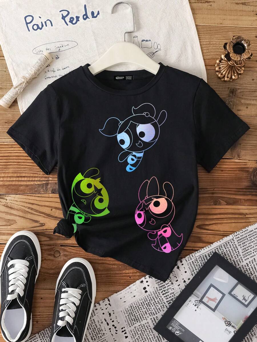 THE POWERPUFF GIRLS X SHEIN Tween Girl Casual Cartoon Print Round Neck Short Sleeve T-Shirt, Summer