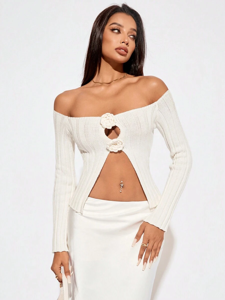 SHEIN SXY Dames effen kleur sexy holle 3D bloemen gebreide trui, herfst/winter, beige trui, dames truien, witte trui, off-the-shoulder trui, witte top,