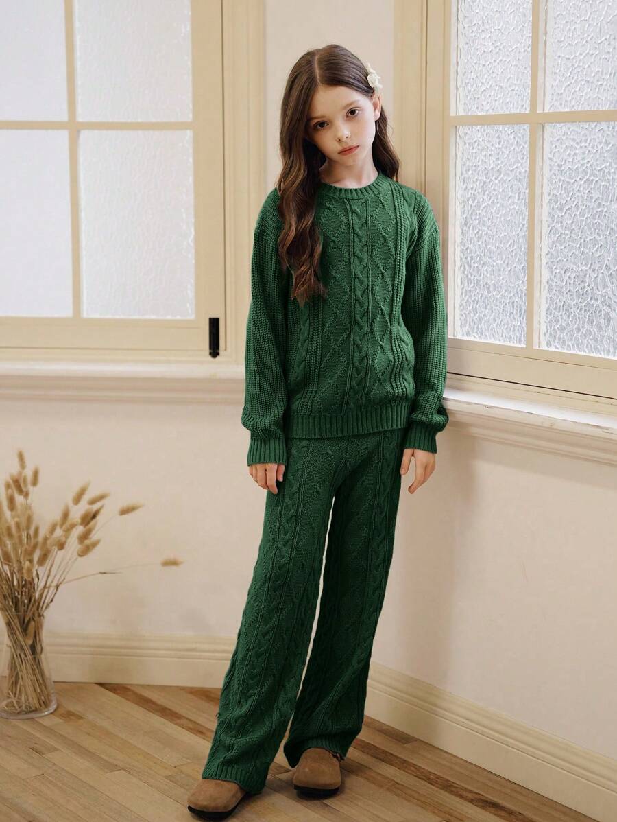 SHEIN Vintaside Kids Set de modă pentru fete 2 buc, pulover din tricot cu cablu slim-fit + pantaloni lungi cu draperie