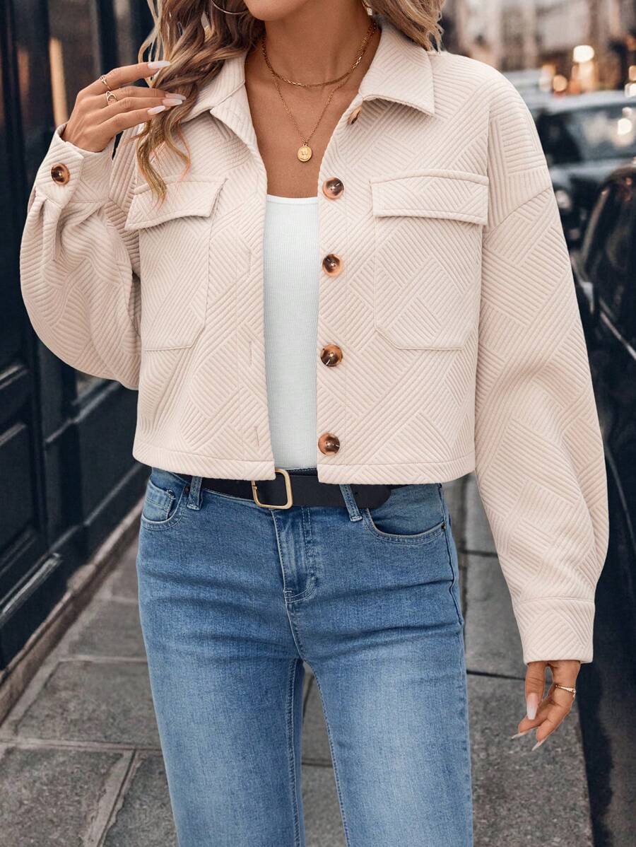 SHEIN LUNE French Style Short Corduroy Jacket With Flap Pockets, Drop Shoulder For Winter Airport Outfit Winter Clothes For Women Winter Coat Winter Jacket Women