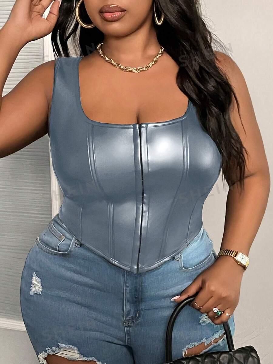 Slaydiva Top de corsé de ajuste ceñido de imitación de piel en talla grande - Negro