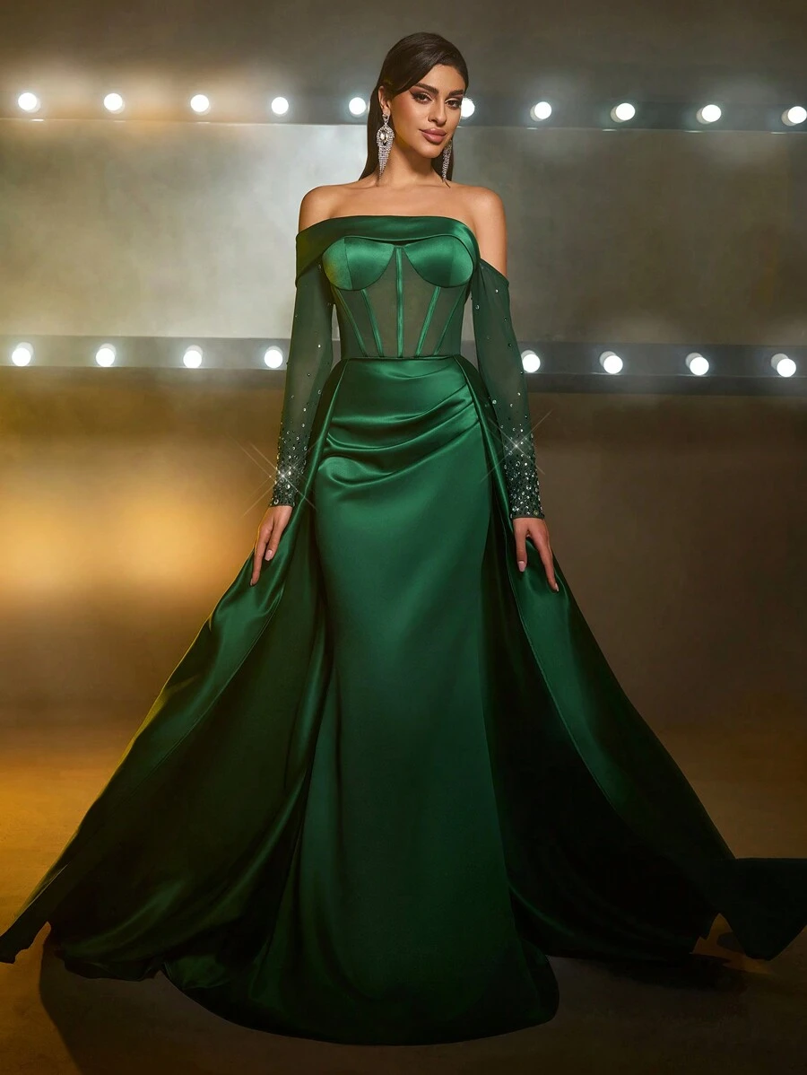 Glamrae Elegant Off Shoulder Mesh Sheer Long Sleeve Luxury Handmade Beaded Dress, Fishbone Waist See-Through High Slit Fish Tail Flowing Prom Dress With Train, Wedding Guest Dress