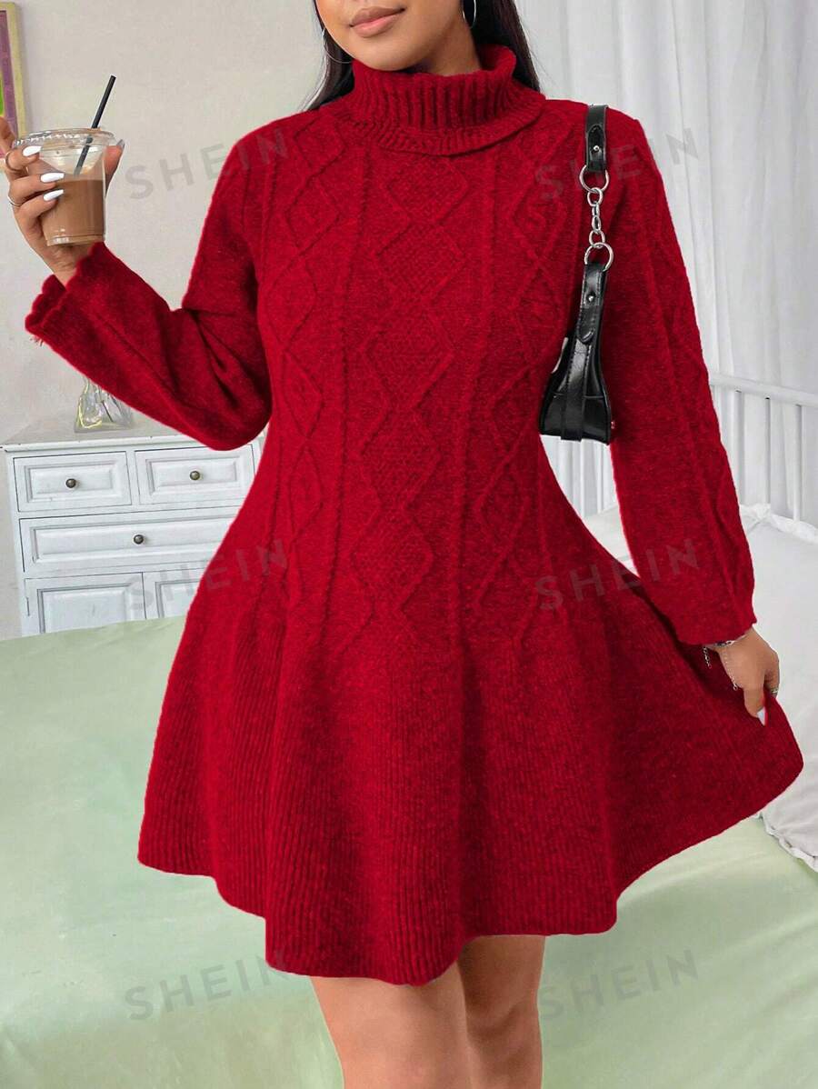 Flirla Vestido de suéter de cuello alto con textura de rombos de moda para mujer talla grande, para ropa de Año Nuevo, para invierno