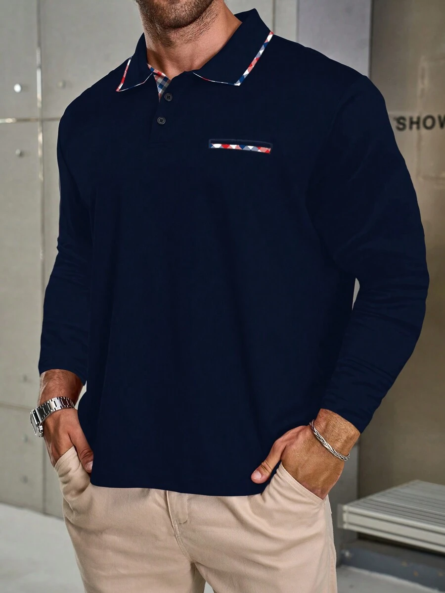 Manfinity Homme Plus Size Men's Casual Plaid Trim Tennis Polo Shirt, Autumn