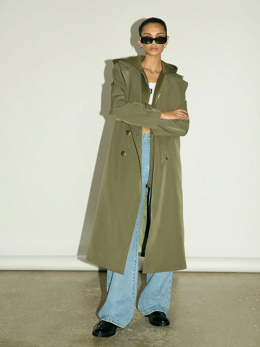 AiiRZ Double Breasted Hooded Trench Military Style Long Winter Outerwear High Fashion Design Belted Autumn Fall Spring Designer Quality Coat