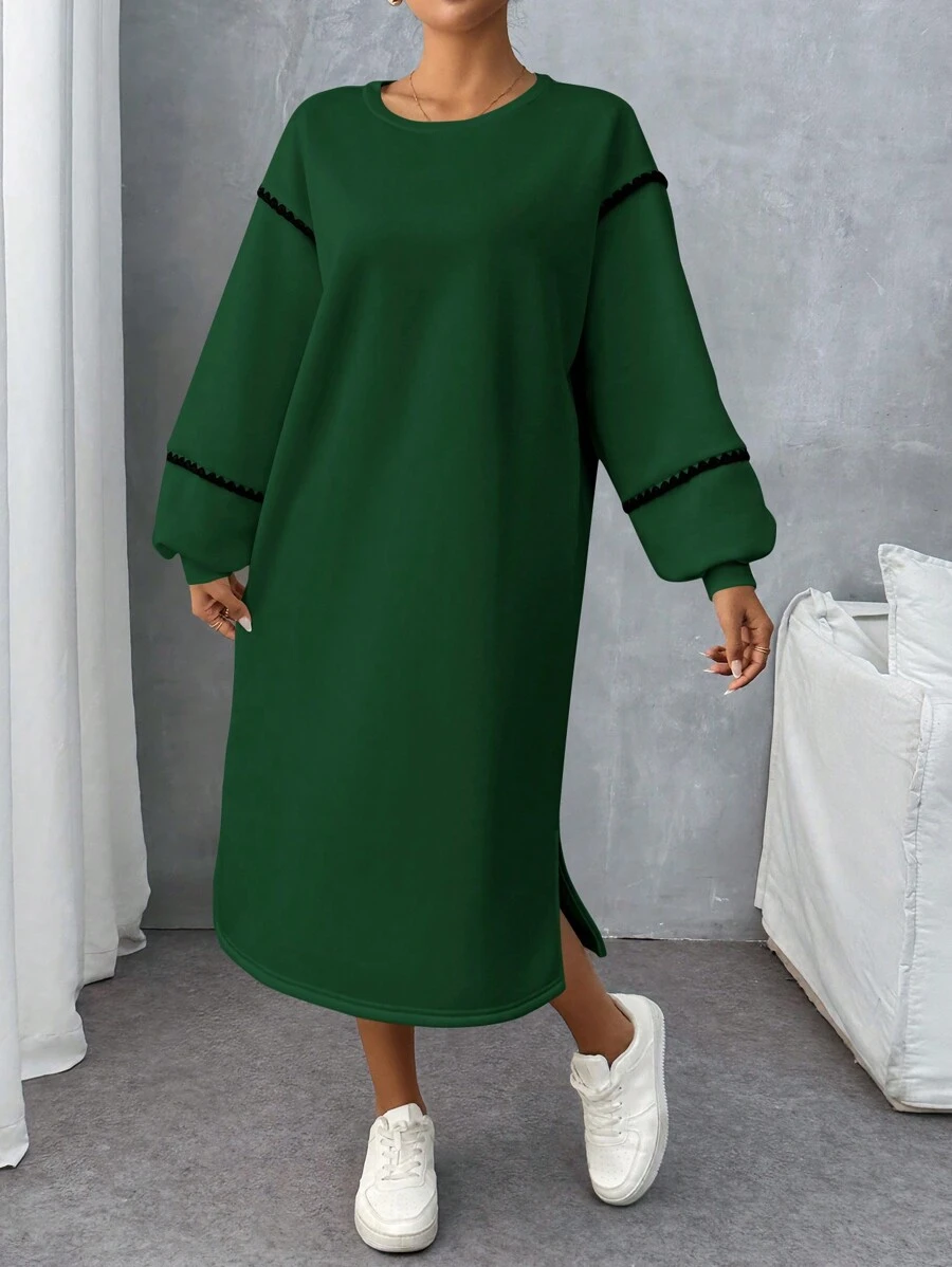 SHEIN LUNE Women's Autumn/Winter Floral Patched Trim Round Neck Loose Straight Casual Sweatshirt Dress