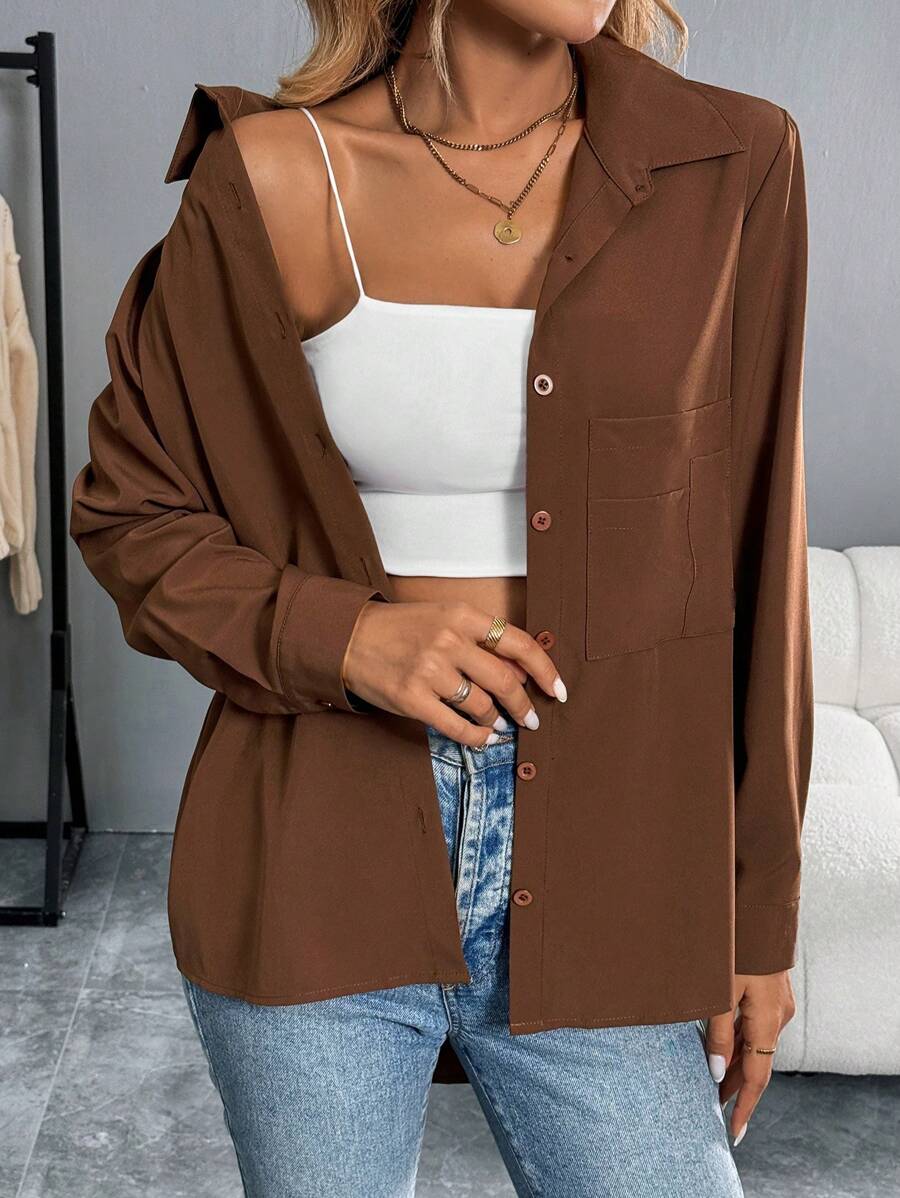 SHEIN LUNE Women's Plain Brown Long Sleeve Casual Shirt, For Everyday Wear In Spring, Summer, Autumn, And Winter