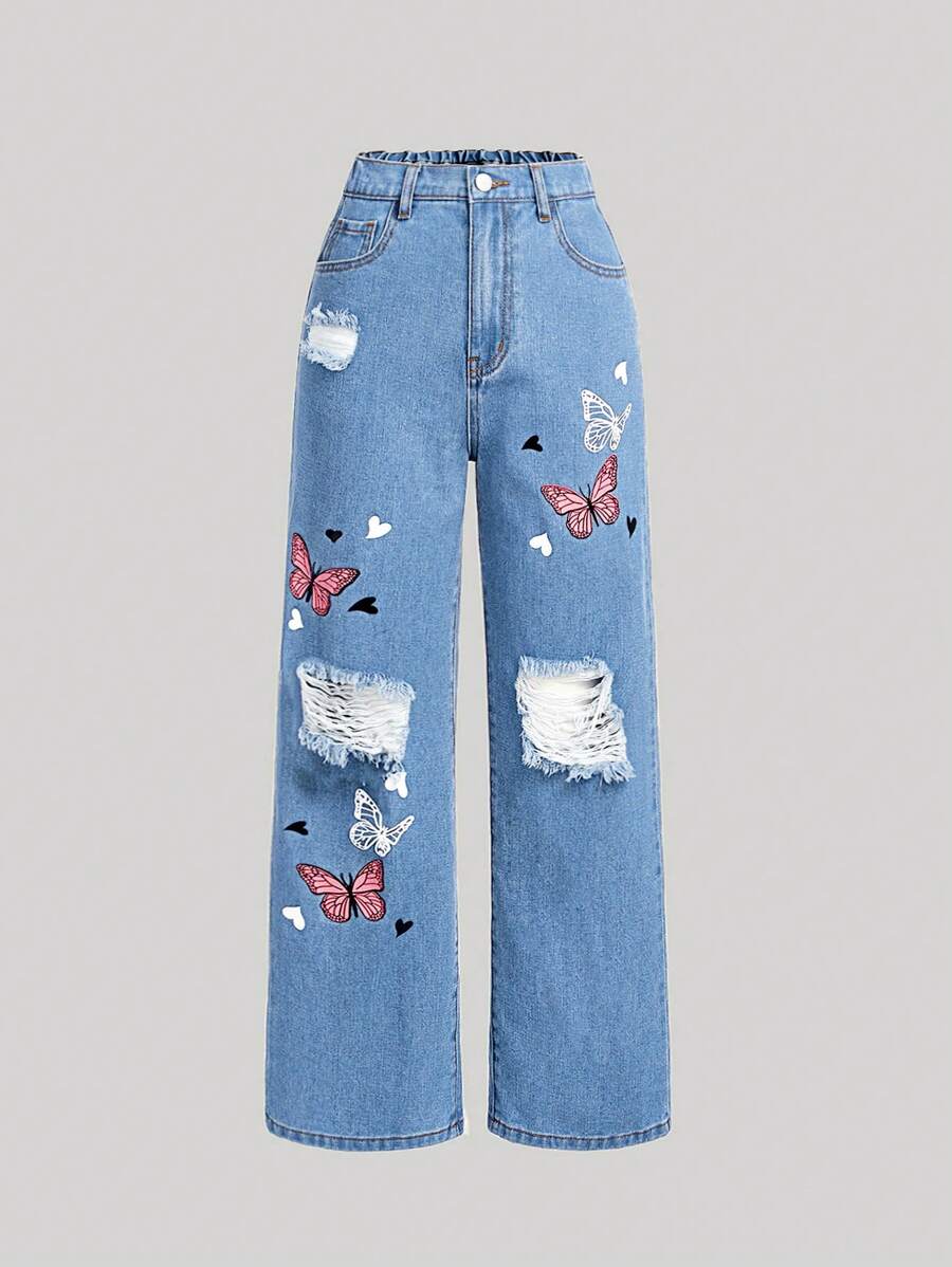 SHEIN Girlism Teen Girls' Butterfly Print Distressed Straight Loose Casual Jeans With Pockets