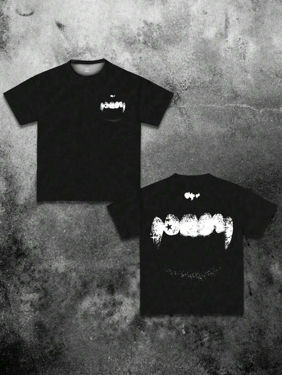 SHEIN Camiseta de manga corta con cuello redondo y estampado de colmillos minimalista y fresco, apropiada para el verano, para niños preadolescentes