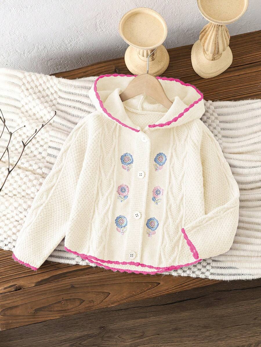 SHEIN Girls Floral Embroidered Hooded Cardigan, Vintage Country Style Knit Jacket