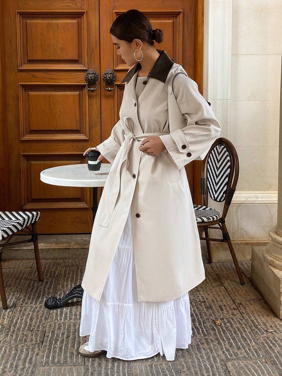 DAZY Women's Fashion Long Contrast Color Collar Trench Coat