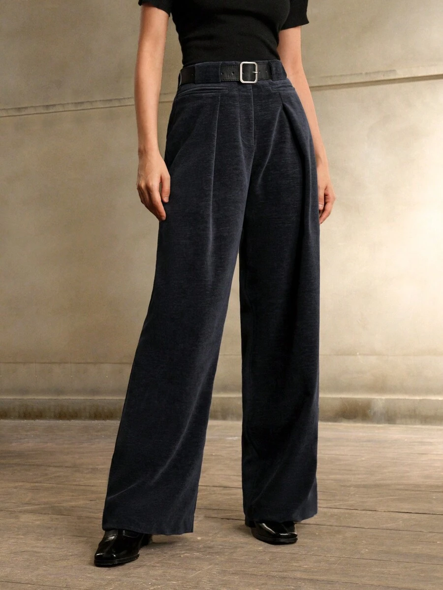 Anewsta Korean Style Loose Waist High Waist Versatile Draping Casual Corduroy Straight Leg Pants, Navy Blue