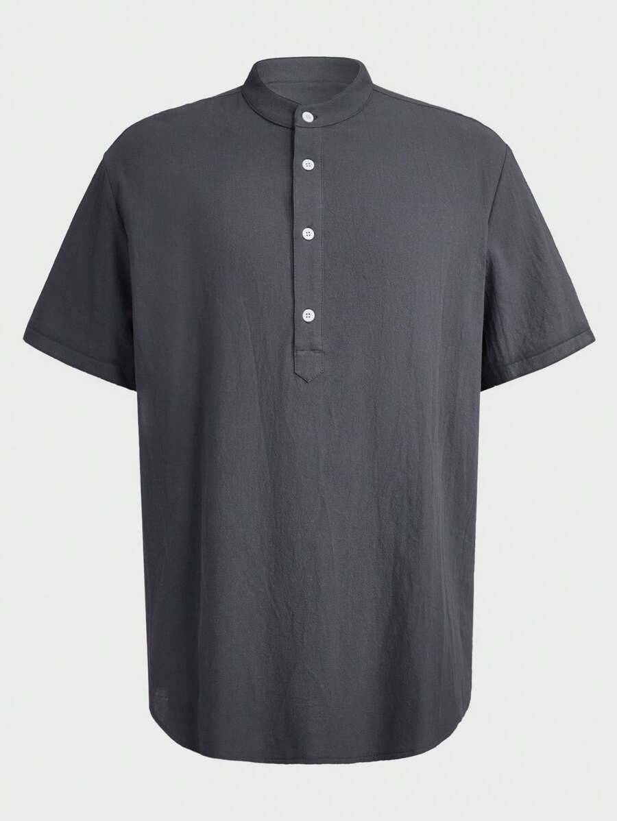 Manfinity RelaxMax Camisa de manga corta de cuello alto liso de 100% algodón para hombres, para el trabajo, esposo