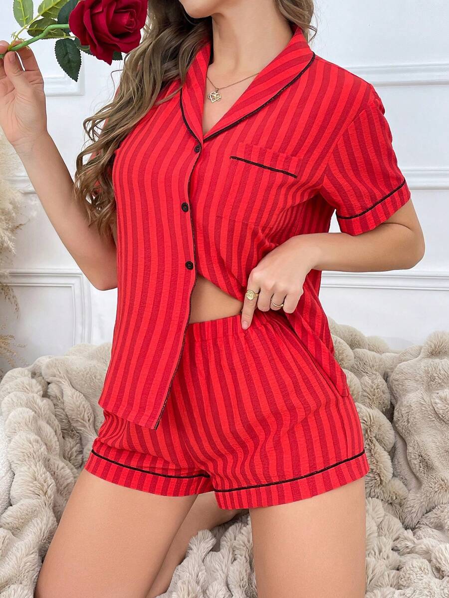 Women's Contrast Trim Ruched Striped Short Sleeve Shorts Pajama Set