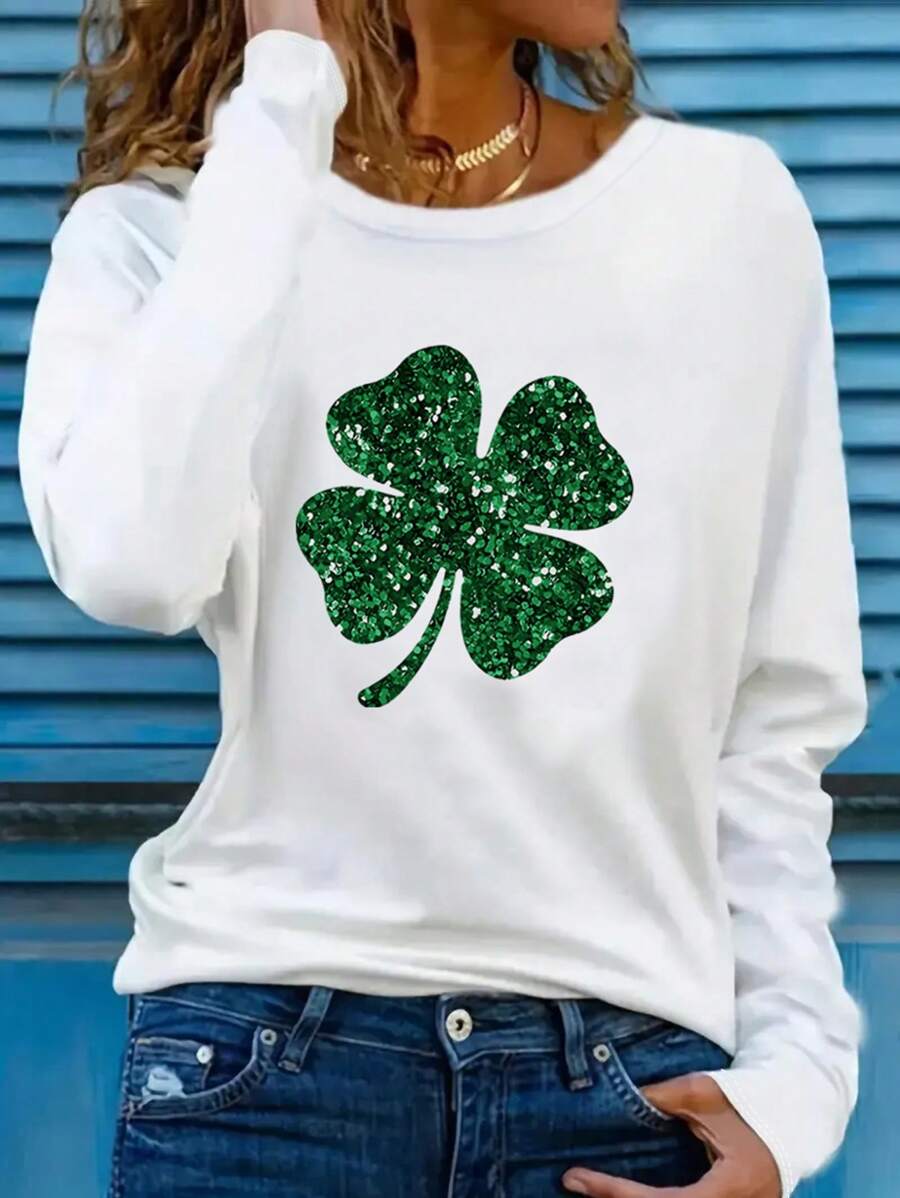 INAWLY Camiseta de manga larga con estampado de tréboles para tiempo libre, blusas gráficas para mujeres para looks de primavera