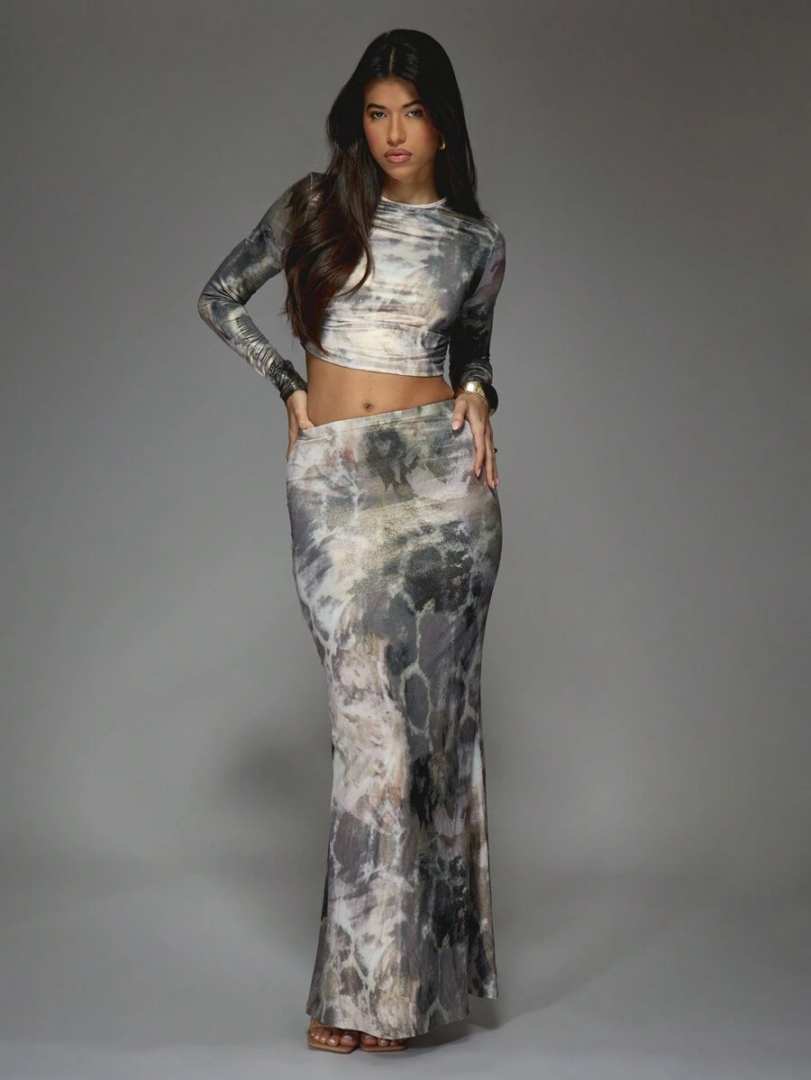 MISSGUIDED Bedrukt mesh ronde hals top met lange mouwen en bodycon maxi rok tweedelige co-ordset