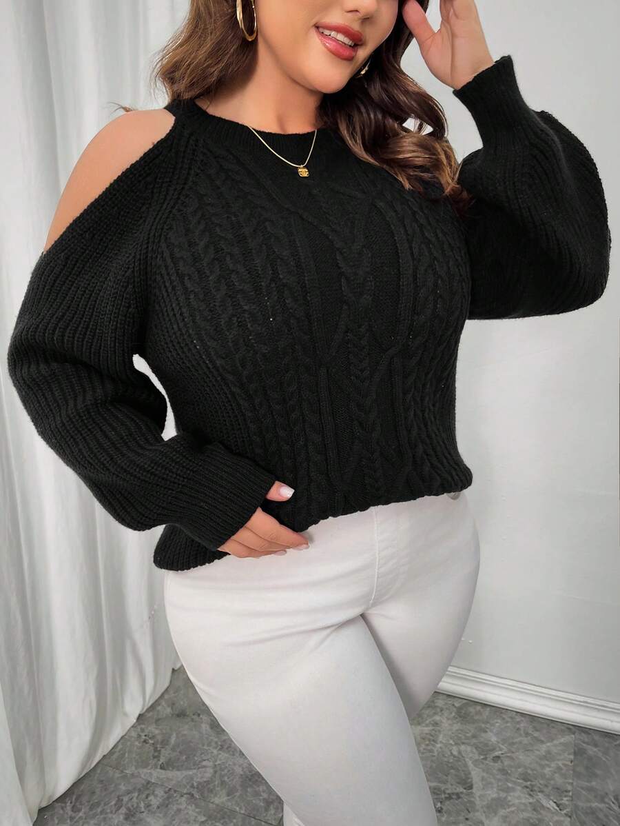 Celure Plus Size Women Solid Color Sexy Open Shoulder Vintage Cable Knit Sweater, Autumn/Winter
