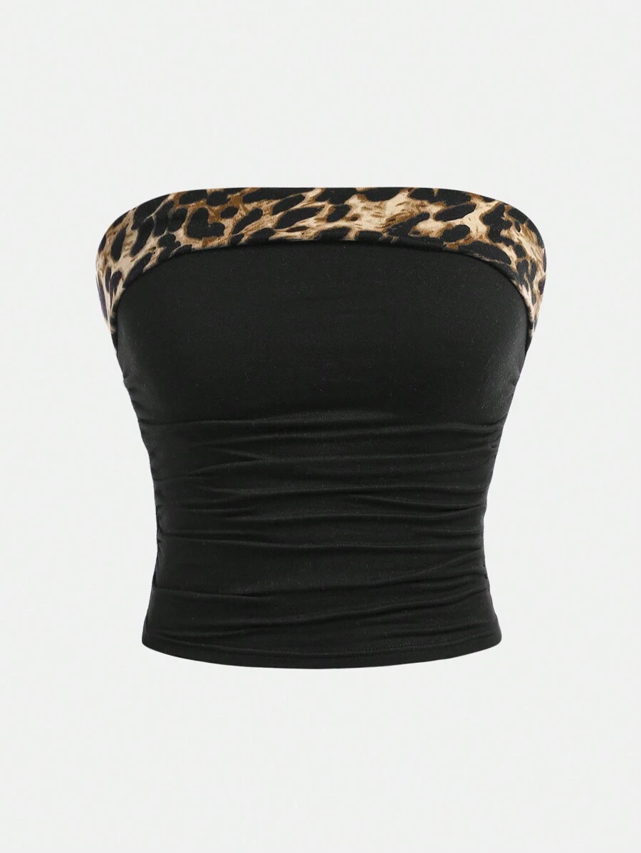 SHEIN Girlism Teen Girl Leopard Print Patchwork Shirred Casual Slim-Fit Camisole