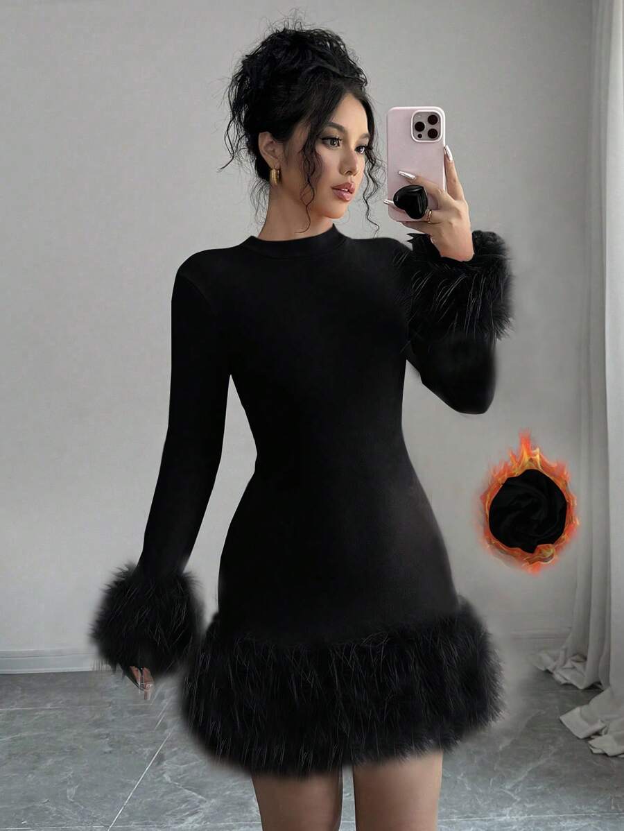 Rafferiza Women Crew Neck Long Sleeve Fuzzy Patchwork Casual Mini Sweater Dress