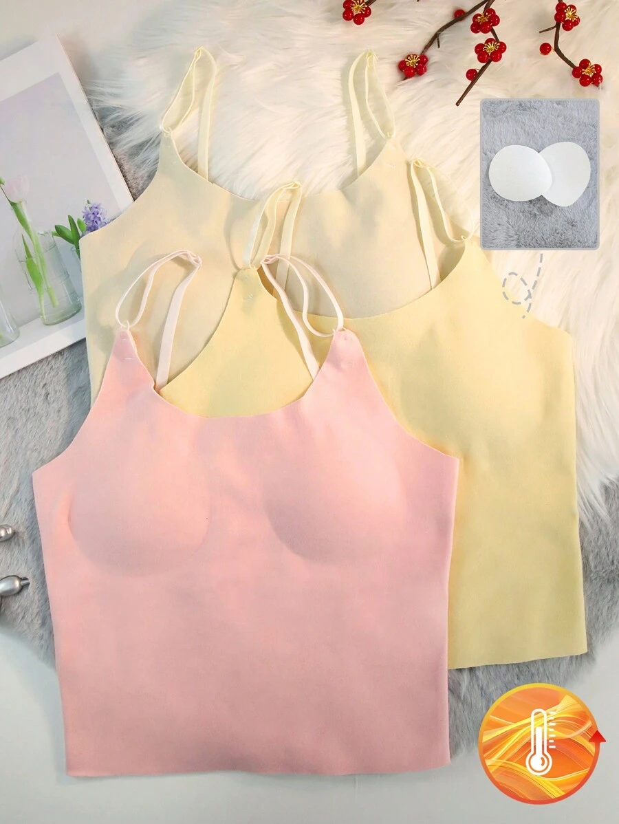 3 stuks Tween Girls Verstelbare Bandjes Effen Minimalistische Jersey Camisole Zacht Elastisch Thermisch Ondergoed, Nieuwe Stijl Voor Herfst/Winter