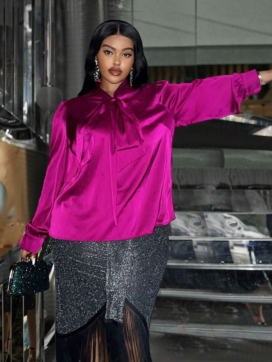 Slaydiva Elegant & Party & Gathering & Date & Everyday, Loose Solid Burgundy Shirt For Women, Tie Knot Collar Puff Sleeve, Satin-Like Fabric, Plus Size