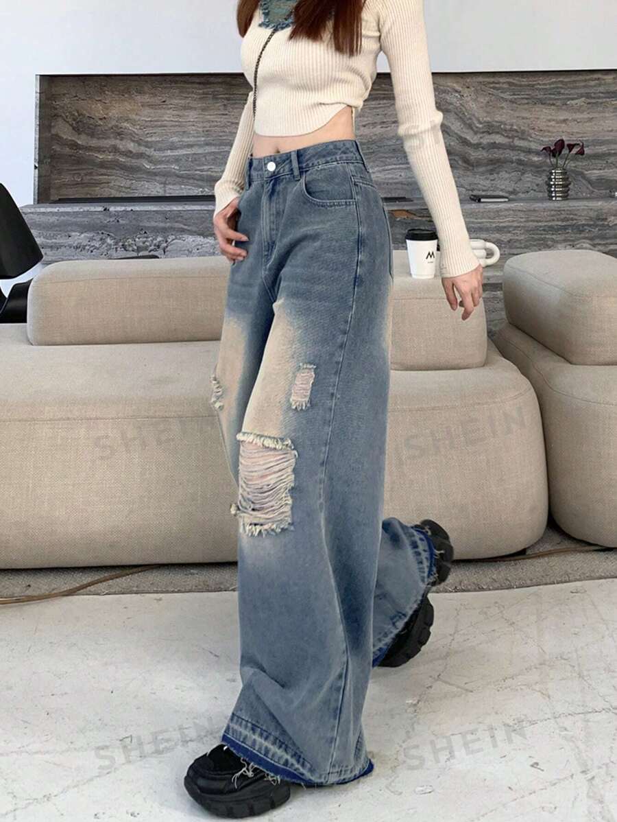 DAZY Jeans casuales lavados y desgastados, rotos y holgados para mujer
