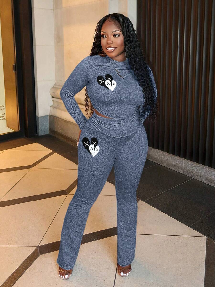 Slaydiva Set de 2 piezas de top con pliegues y pantalones de manga larga con estampado de corazón, de estilo básico y elegante, para mujer