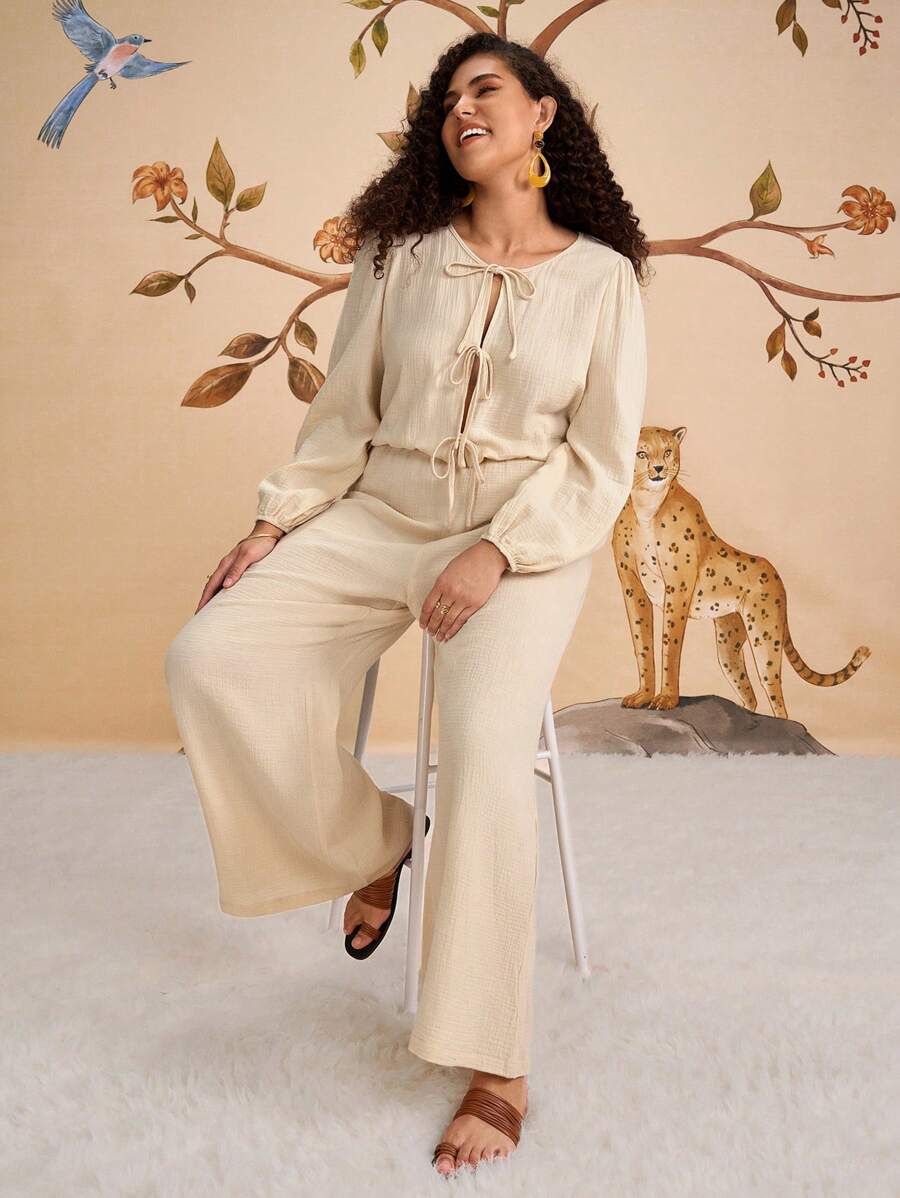 SHEIN VCAY Plus Size Women's Apricot Bowknot Front Lantern Sleeve Textured Jumpsuit, Casual Holiday Wear