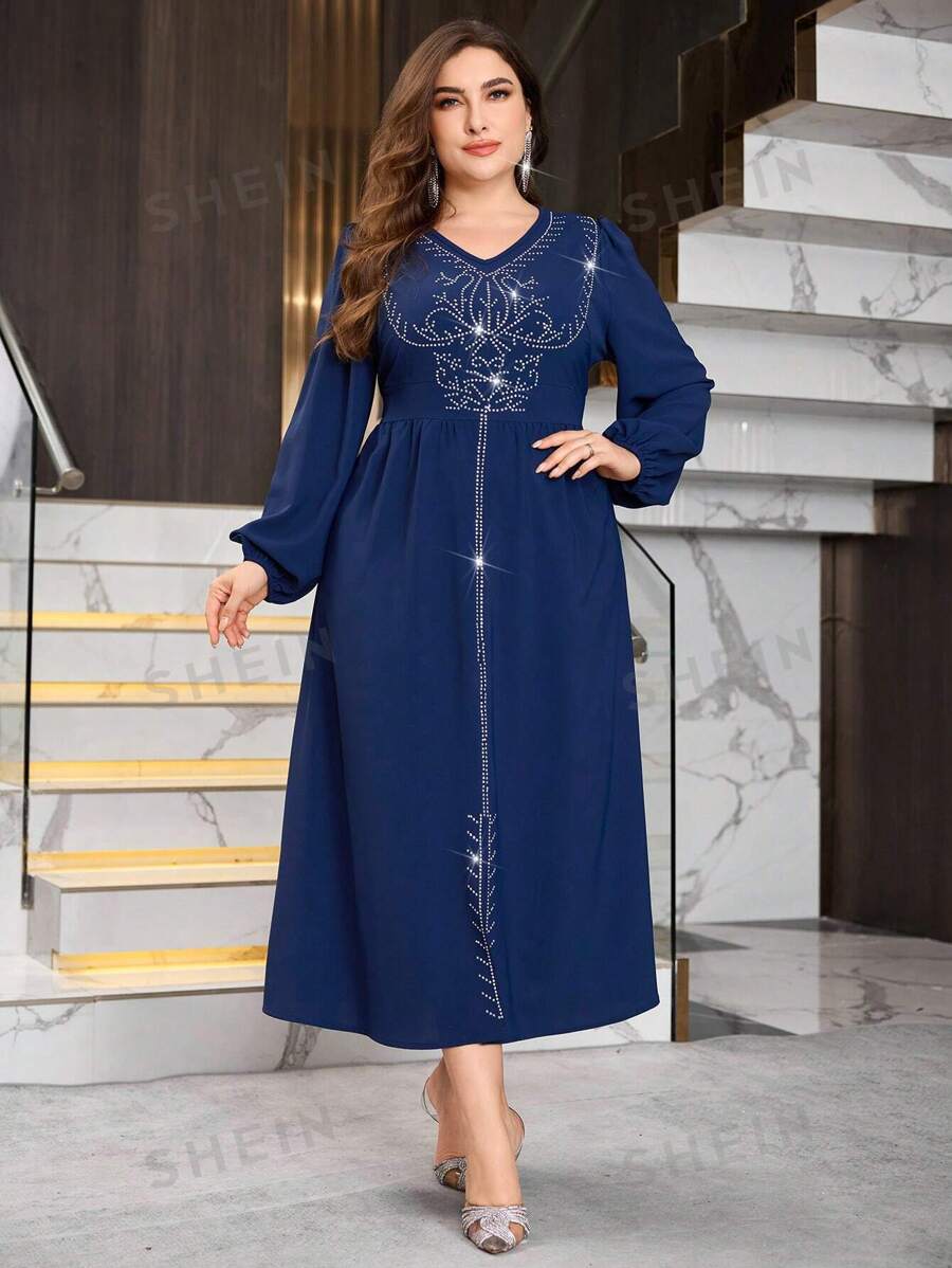 Modelyn Vestido largo elegante con cuello en V, decoración de strass y manga de farol para mujeres de talla grande. Vestido largo de noche para mujer