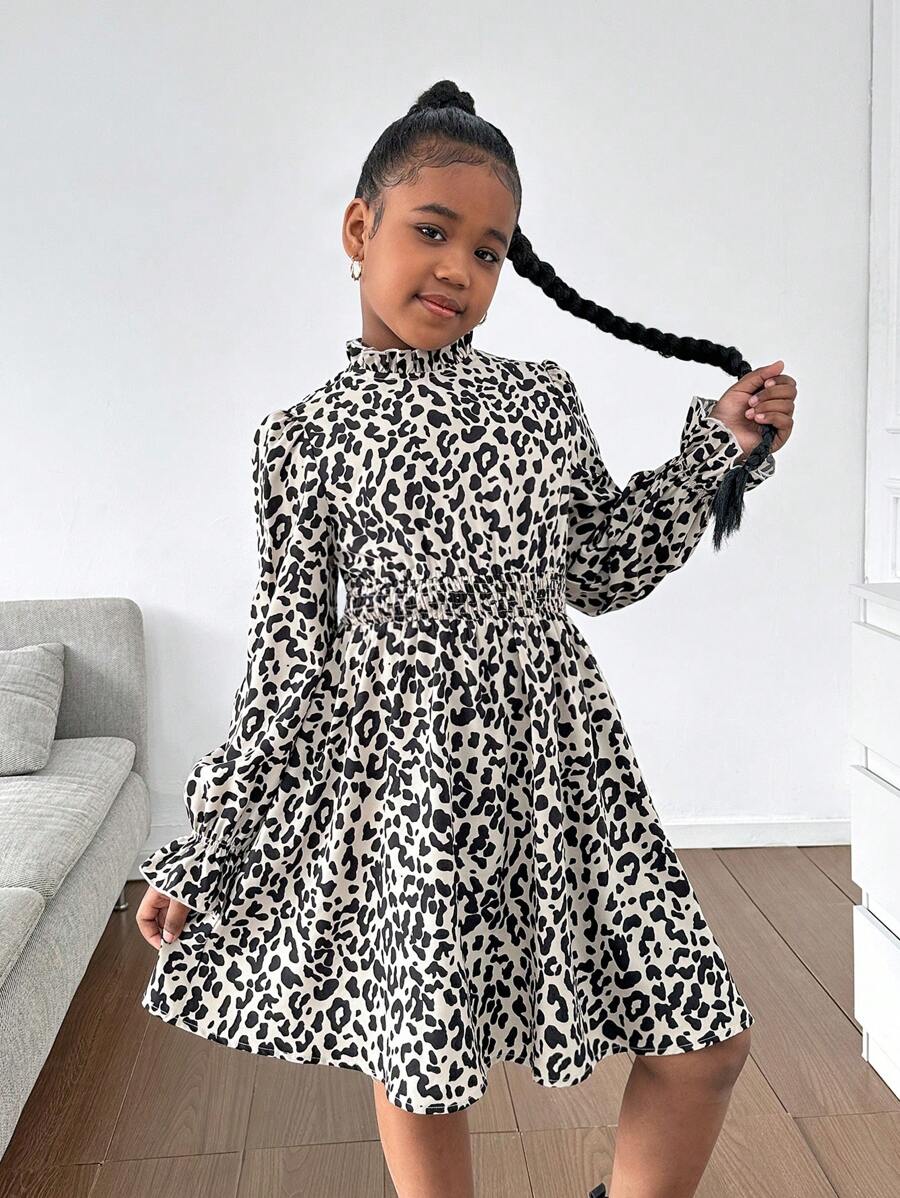 SHEIN Tween Girls Casual Woven V-Neck Long Sleeve Leopard & Ditsy Floral A-Line Dress, Suitable For Everyday Wear And Elegant Gatherings