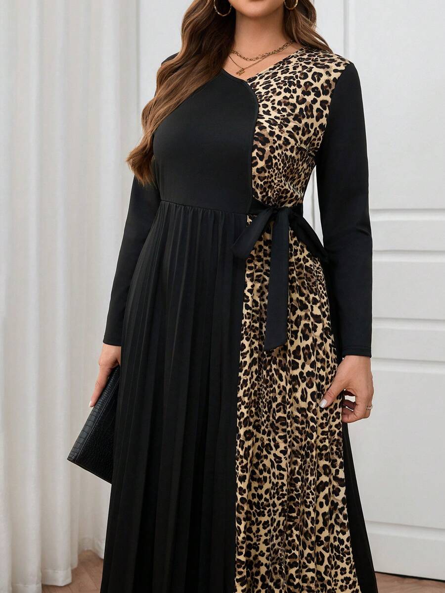 Modelyn Plus Size Leopard Print Tied Dress, Casual And Fashion Suitable For Daily Wear Long Evening Dresses