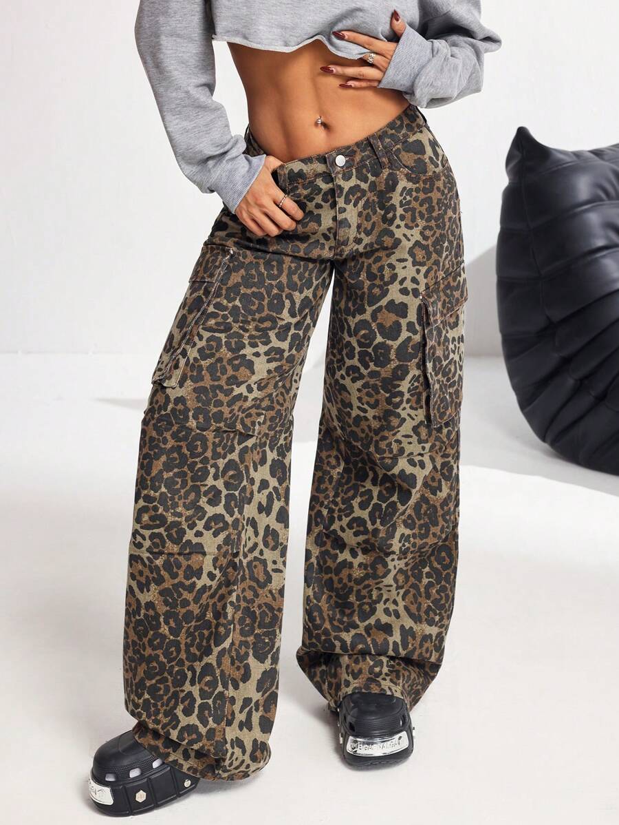 SHEIN PETITE Pantalones vaqueros de cintura baja y pierna ancha sexy para mujer, pantalones cargo de algodón con estampado de leopardo