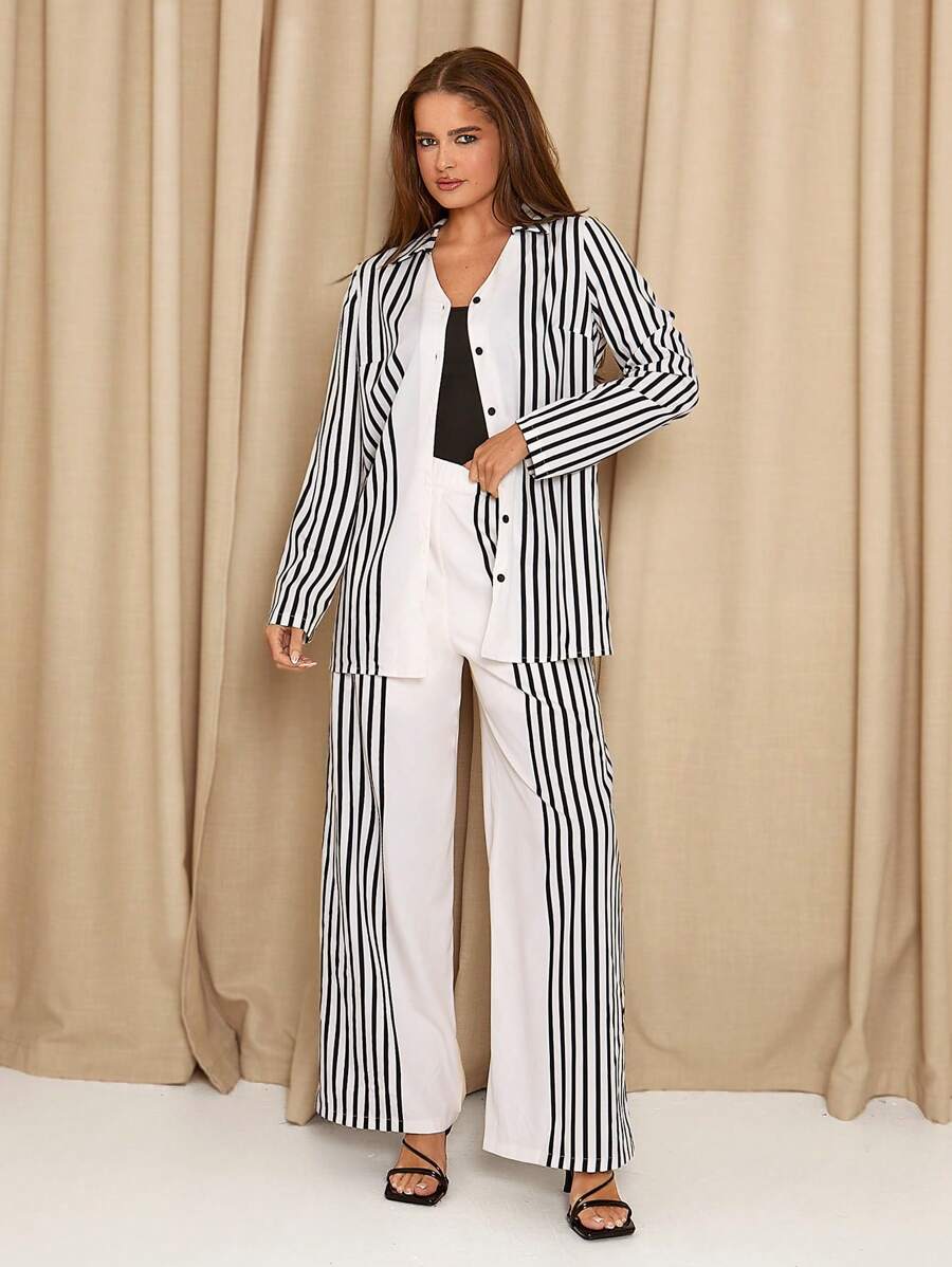 SHEIN Clasi Women Striped Long Sleeve Single Breasted Long Shirt And Wide Leg Pants Casual Loose Suit, Autumn