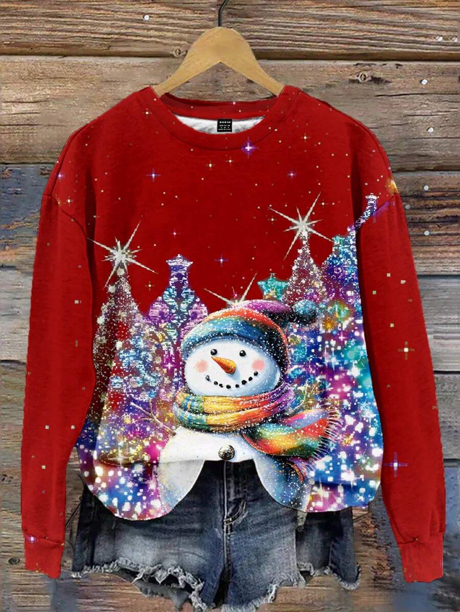 EMERY ROSE Casual Minimalistische Sneeuwman Print Ronde Hals Losse Lange Mouw Capuchon Sweatshirt Voor Dames, Geschikt Voor Herfst/Winter