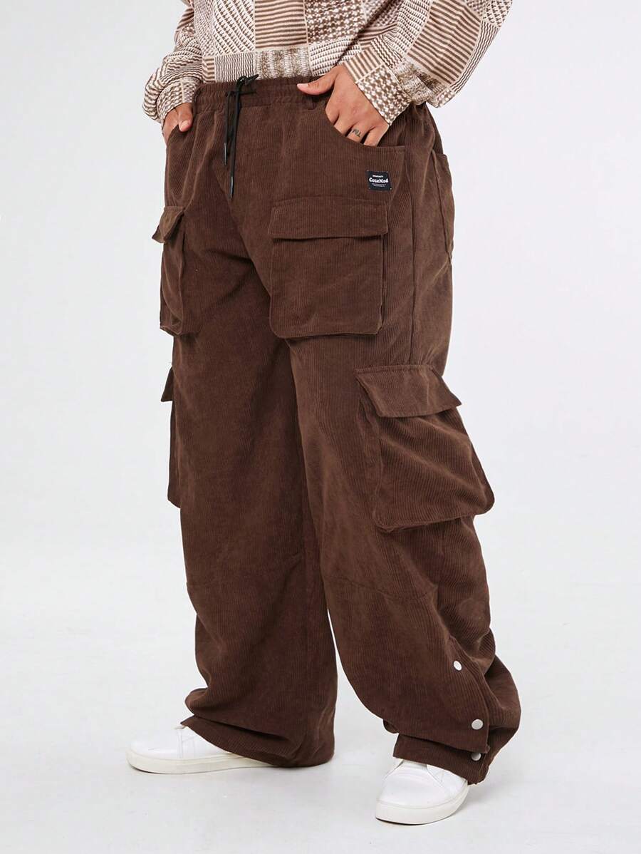 Manfinity NXTstreet Plus Size Men's Loose Fit Casual Corduroy Cargo Pants, Going Out Plain Long Baggy Beige Cargo Pants, For Husband, Boyfriend Gifts