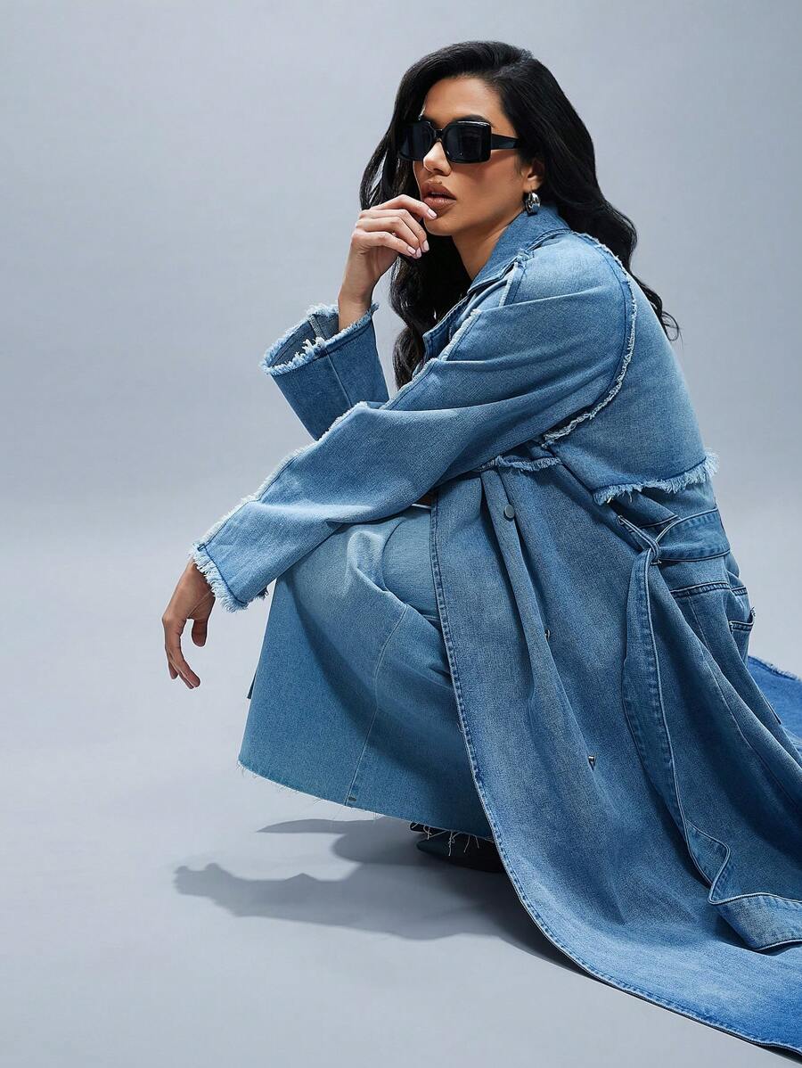 Denimoi Long Line Denim Trench Coat Stylish Simple Casual Daily