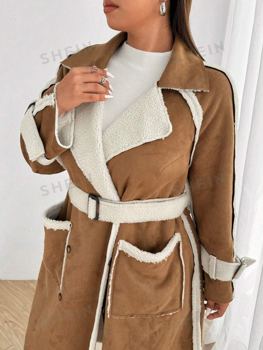Flirla Chaqueta larga de talla grande informal con falso y ribete de pelo