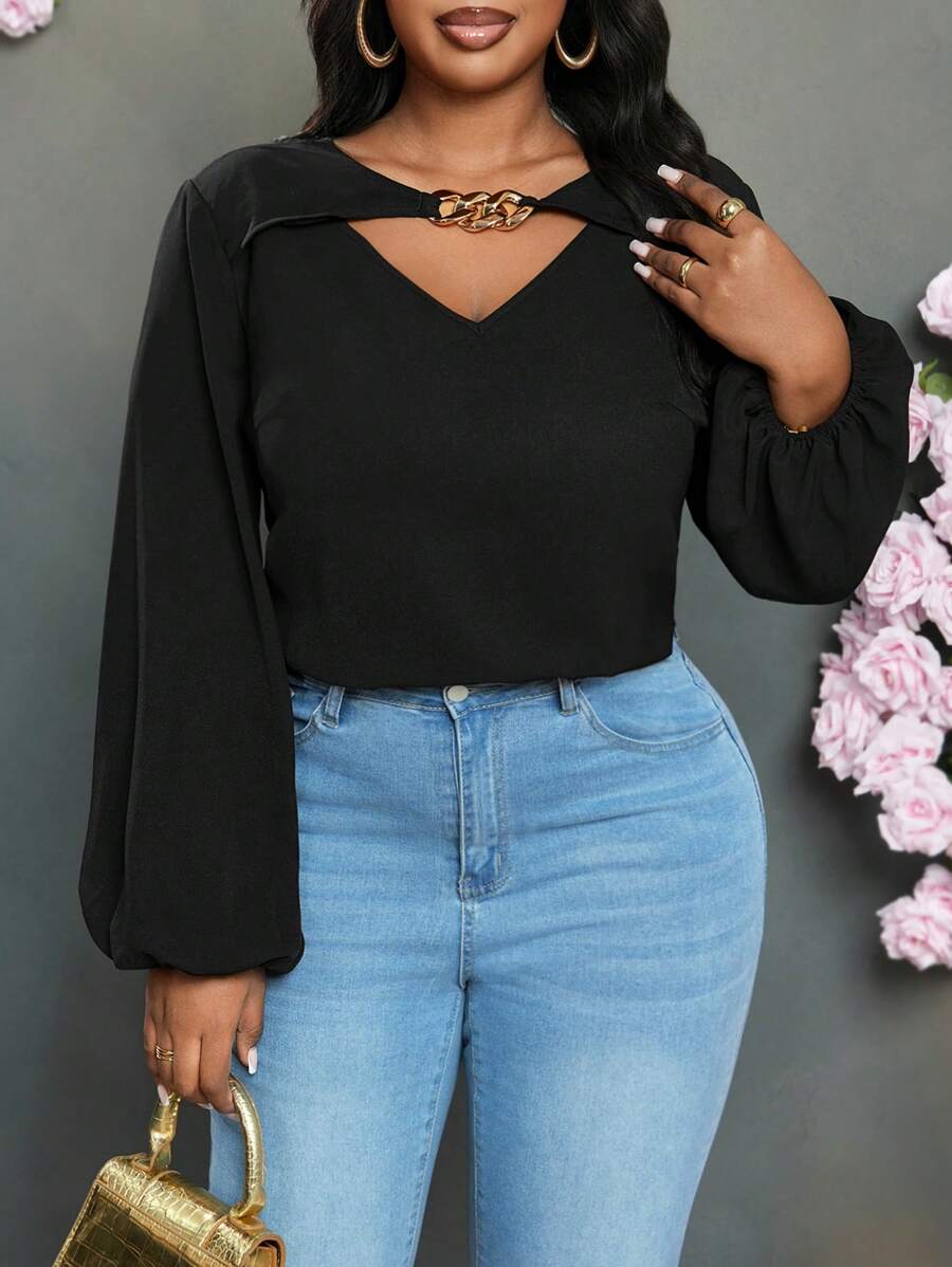 Slaydiva Women Elegant Commuting & Casual Loose Solid Black Hollow V-Neck Metal Decor Lantern Sleeve Blouse, Lightweight Woven Fabric, Plus Size Regular Shirt, Spring & Autumn