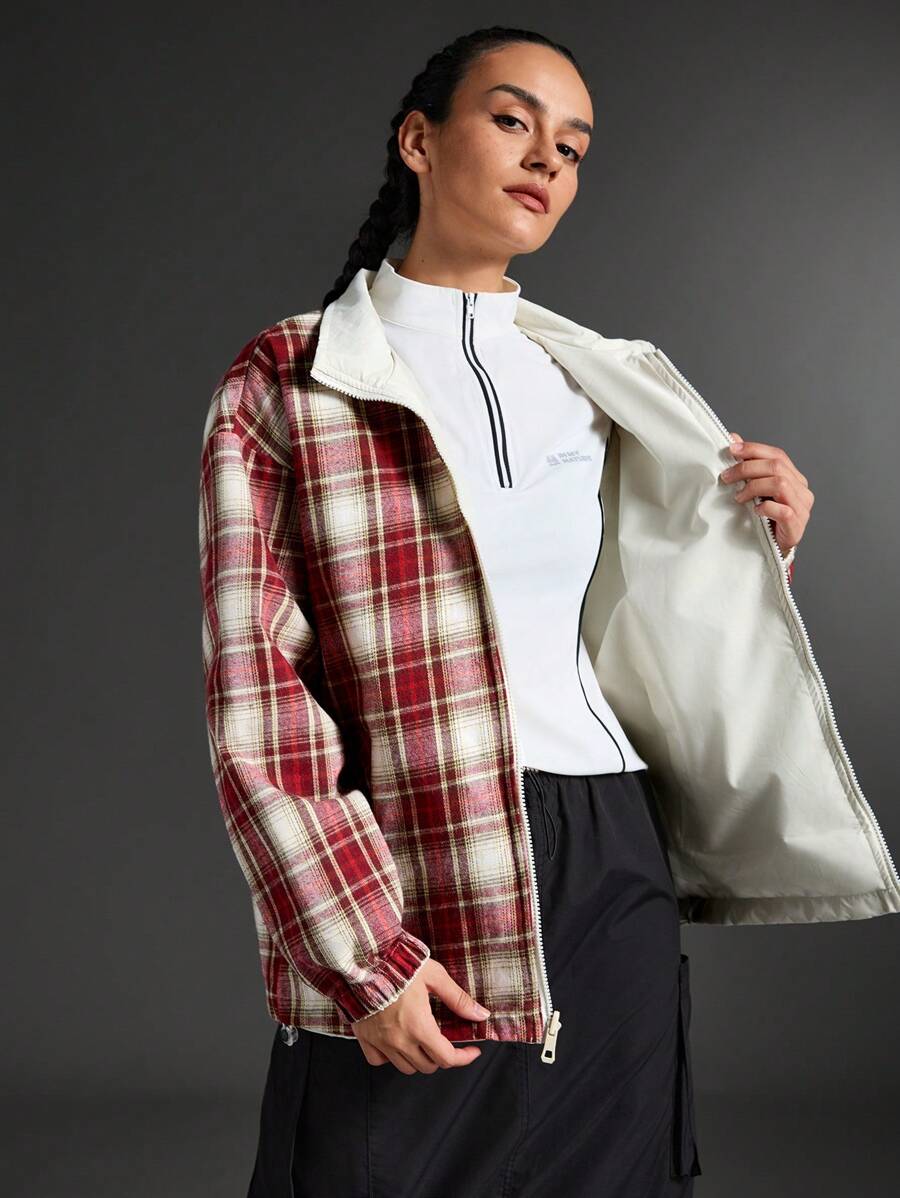 Exploreva Damen Wendbarer Karomuster Stehkragen Locker Lässige Sportjacke, Langarm