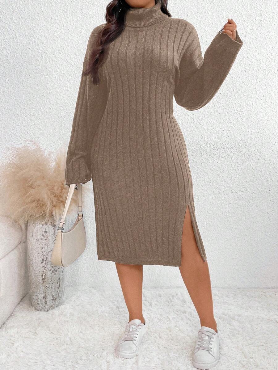 SHEIN Frenchy Plus Size Solid Color Turtleneck Ribbed Split Hem Elegant Long Sleeve Knit Sweater Dress, For Winter