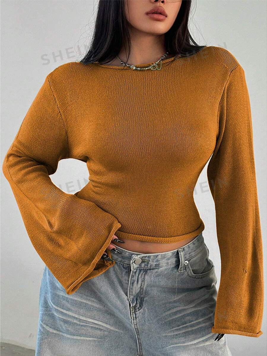 Flirla Suéter de manga acampanada de unicolor talla grande, versátil y sexy
