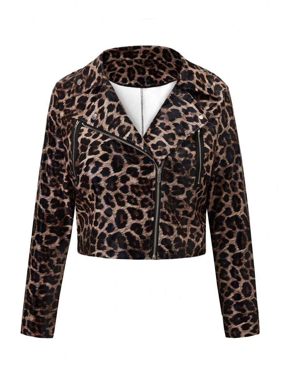 SHEIN LUNE Women Fashion Versatile Leopard Print Zip-Up Cropped PU Jacket