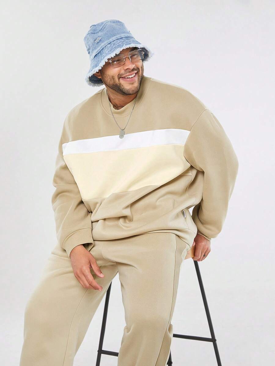Manfinity NXTstreet Conjunto de sudadera de cuello redondo de manga larga de punto holgado y pantalón de chándal para hombre de talla grande