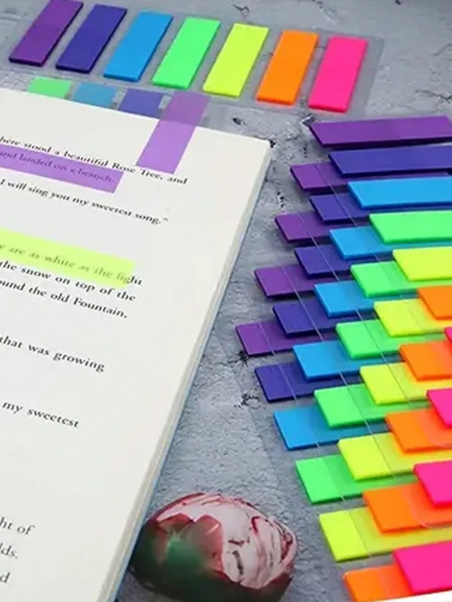 SHEIN Transparente Haftnotizen, 7 Farben, 7 Sets, wasserfest, beschreibbare Tags für Studenten zum Lesen, Markieren von Notizbüchern, Büroartikel als Stationery, Valentinstag, Hochzeit, Geburtstag